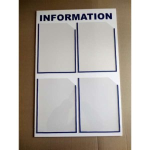 настінний інформаційний стенд з чотирма прозорими кишенями а4 синьо білий дизайн - макет